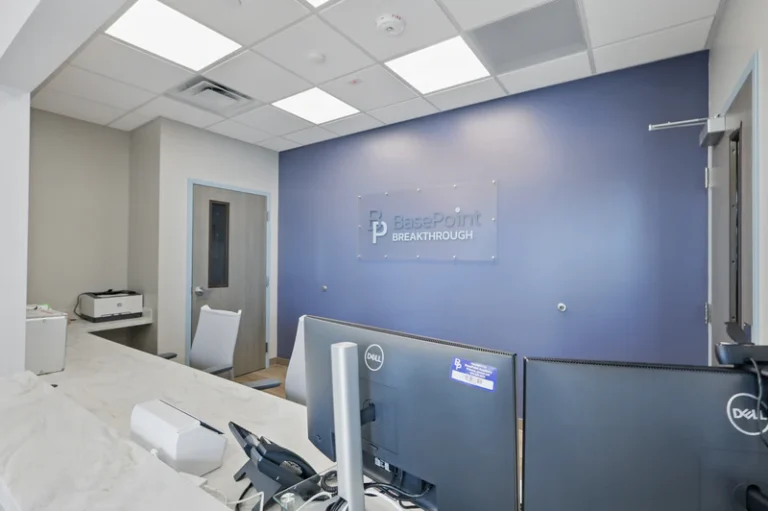 Modern front desk in mental health facility.