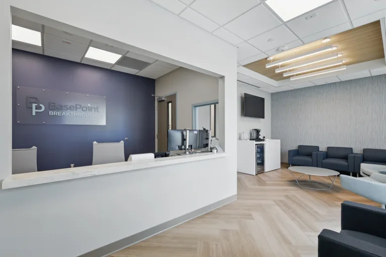 Reception area with seating.