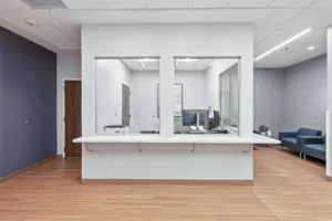 Front desk workspace and hallway at an Arlington mental health facility