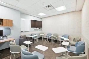 Modern group meeting room with seating arrangement