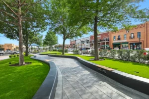 Tree-lined walkway in urban setting