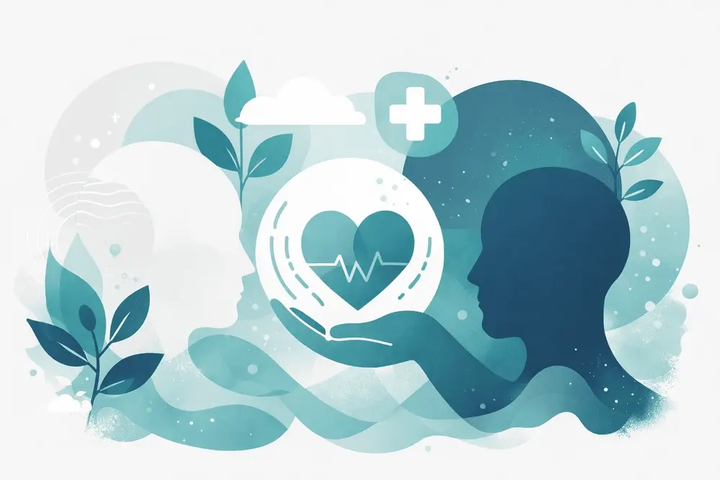 Abstract graphic illustration representing mental health and emotional well-being, featuring human silhouettes, a heart symbol, and calming plant elements in teal, navy, and white tones