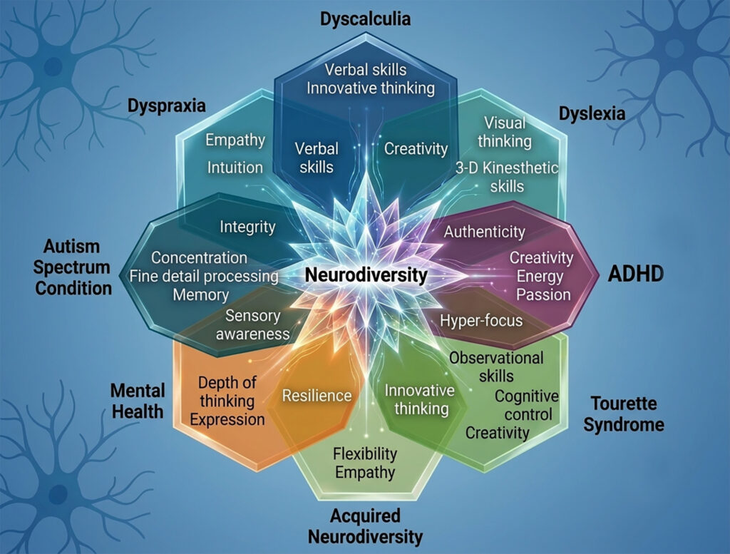 A graphic identifying various facets of neurodiversity, such as autism spectrum, Tourette syndrome, and dyscalculia